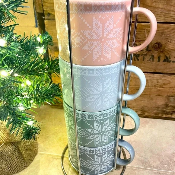 4 Snowflake Mugs Stackable In Stand - Picture 2 of 5